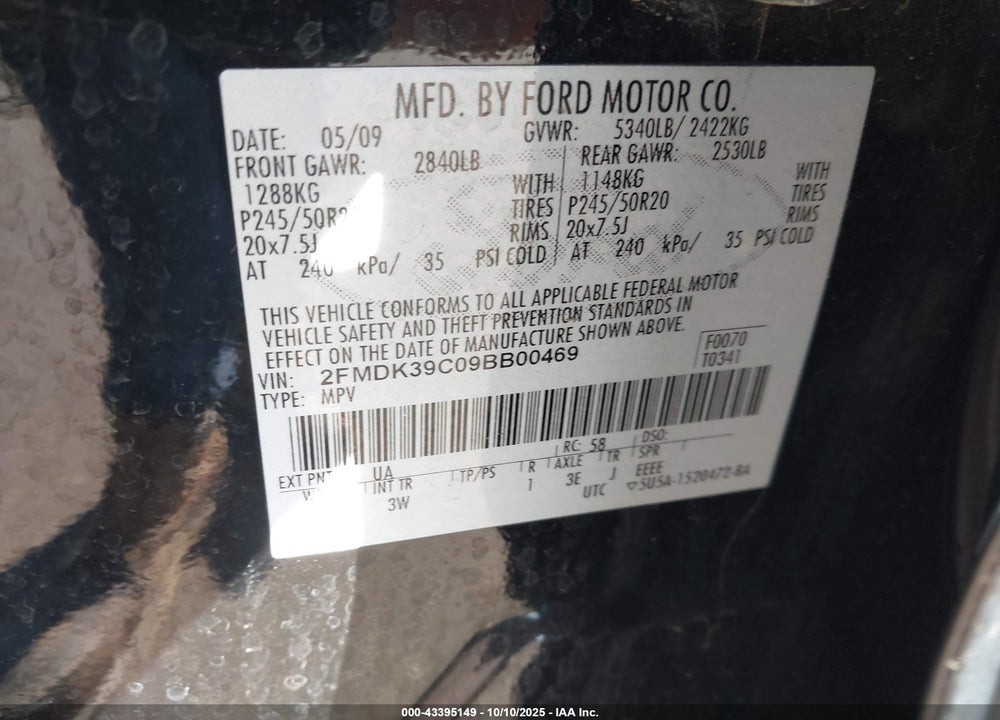 2009 FORD EDGE LIMITED VIN: 2FMDK39C09BB00469