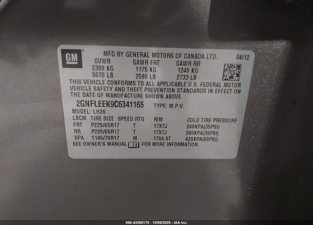2012 CHEVROLET EQUINOX VIN: 2GNFLEEK9C6341165