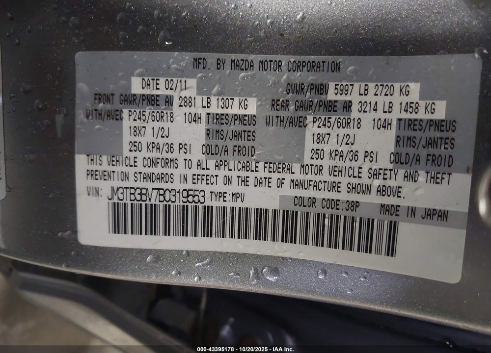 2011 MAZDA CX-9 VIN: JM3TB3BV7B0319553