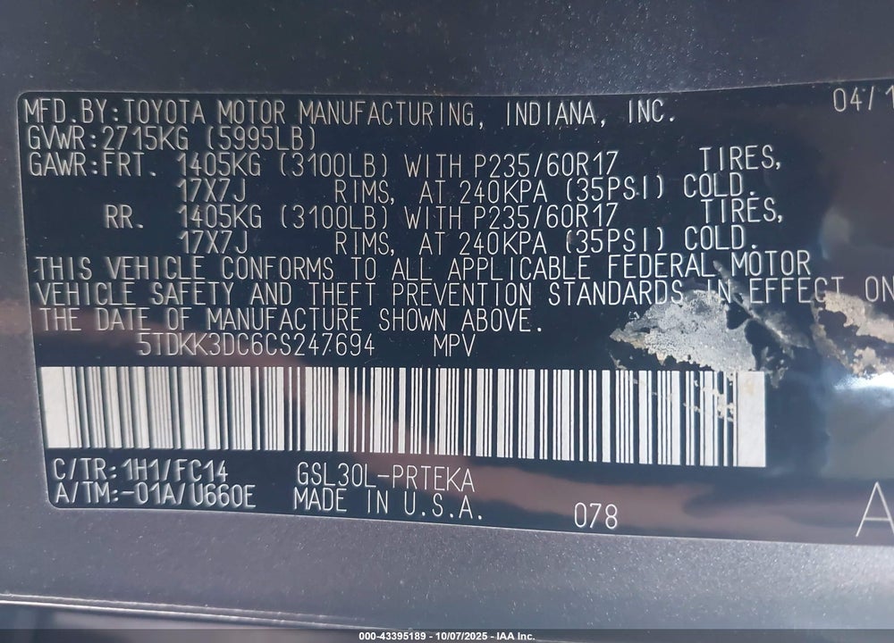 2012 TOYOTA SIENNA LE V6 8 PASSENGER VIN: 5TDKK3DC6CS247694