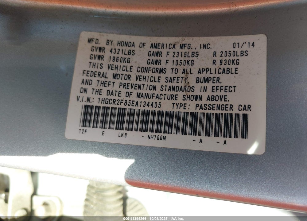2014 HONDA ACCORD VIN: 1HGCR2F85EA134405