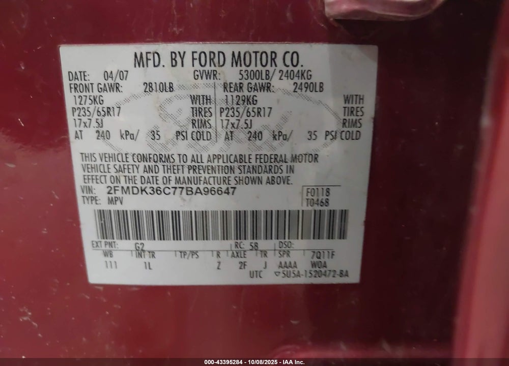 2007 FORD EDGE VIN: 2FMDK36C77BA96647