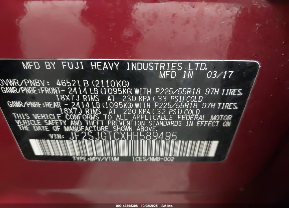 2017 SUBARU FORESTER VIN: JF2SJGTCXHH589495