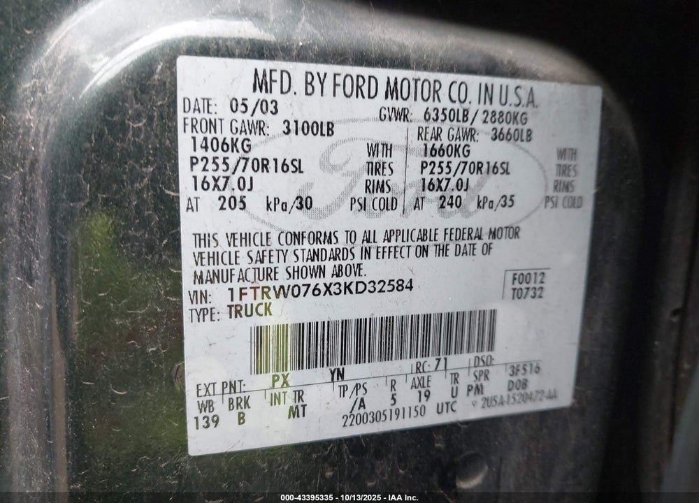 2003 FORD F-150 LARIAT/XLT VIN: 1FTRW076X3KD32584
