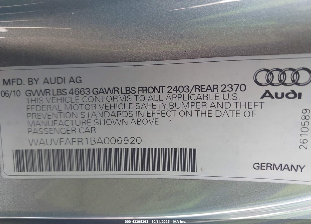 2011 AUDI A5 2.0T PREMIUM VIN: WAUVFAFR1BA006920