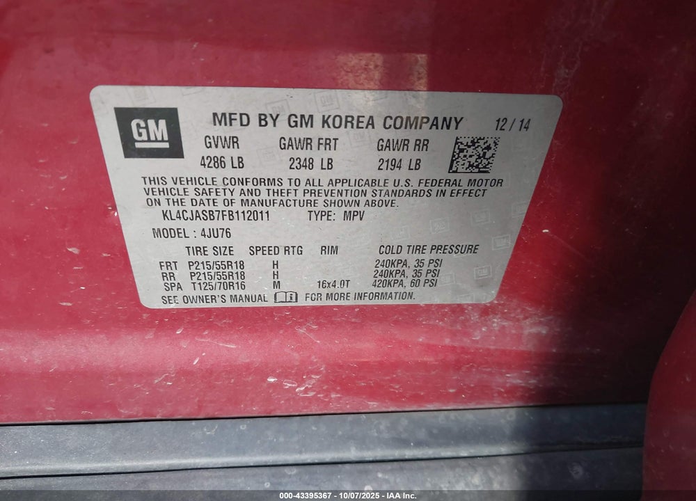2015 BUICK ENCORE VIN: KL4CJASB7FB112011