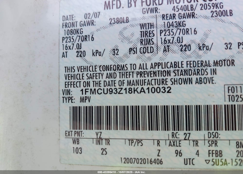 2008 FORD ESCAPE XLT VIN: 1FMCU93Z18KA10032