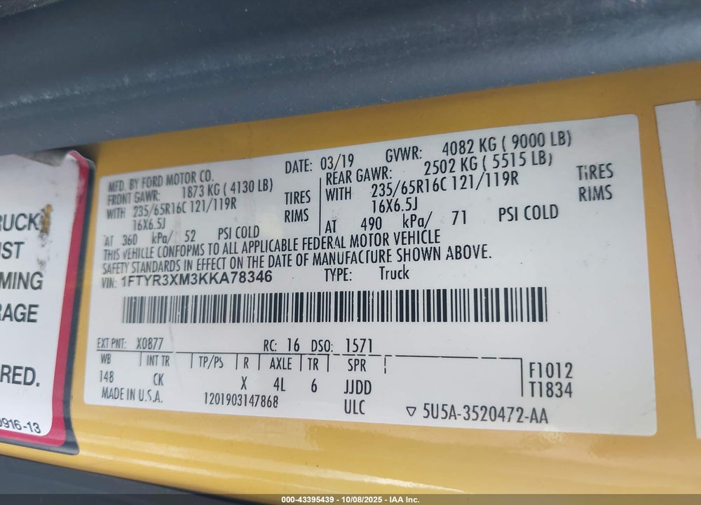 2019 FORD TRANSIT-250 VIN: 1FTYR3XM3KKA78346