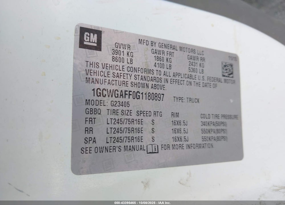 2016 CHEVROLET EXPRESS 2500 WORK VAN VIN: 1GCWGAFF0G1180897