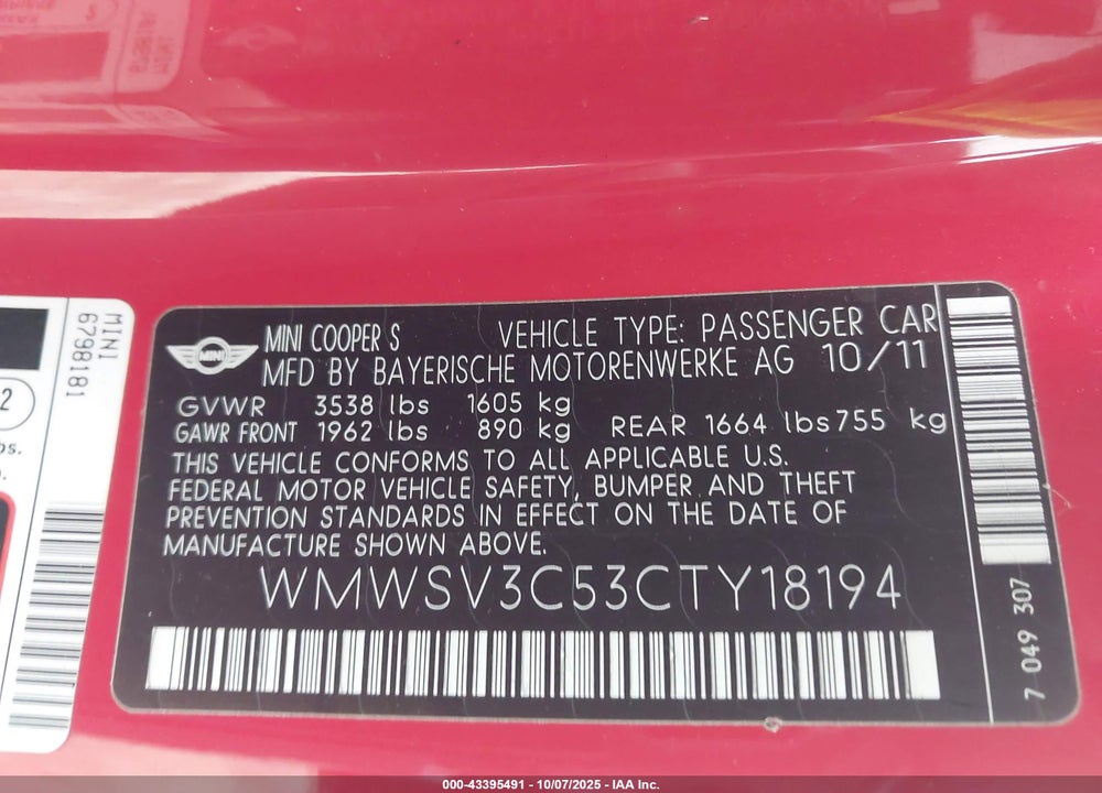 2012 MINI COOPER VIN: WMWSV3C53CTY18194