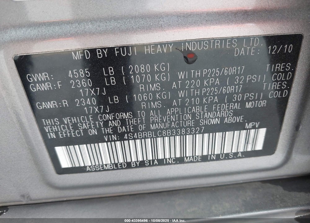 2011 SUBARU OUTBACK 2.5I LIMITED VIN: 4S4BRBLC8B3383327