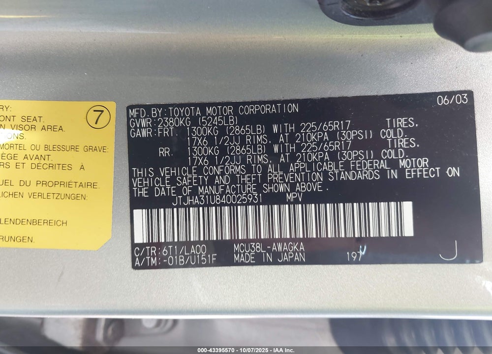 2004 LEXUS RX 330 VIN: JTJHA31U840025931