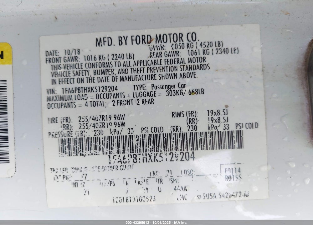 2019 FORD MUSTANG VIN: 1FA6P8THXK5129204