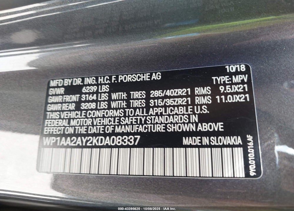 2019 PORSCHE CAYENNE VIN: WP1AA2AY2KDA08337