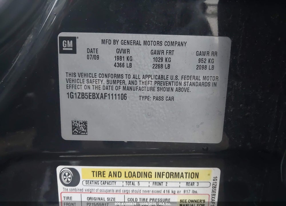 2010 CHEVROLET MALIBU VIN: 1G1ZB5EBXAF111106