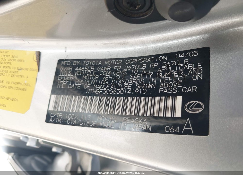 2003 LEXUS ES 300 VIN: JTHBF30G630141910
