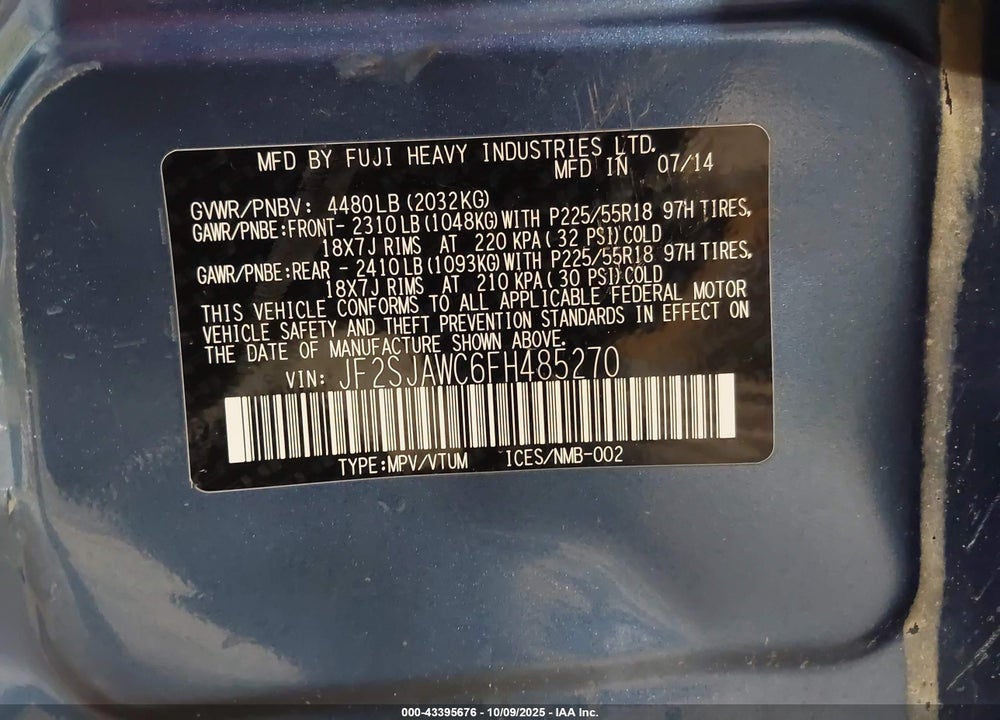 2015 SUBARU FORESTER 2.5I TOURING VIN: JF2SJAWC6FH485270