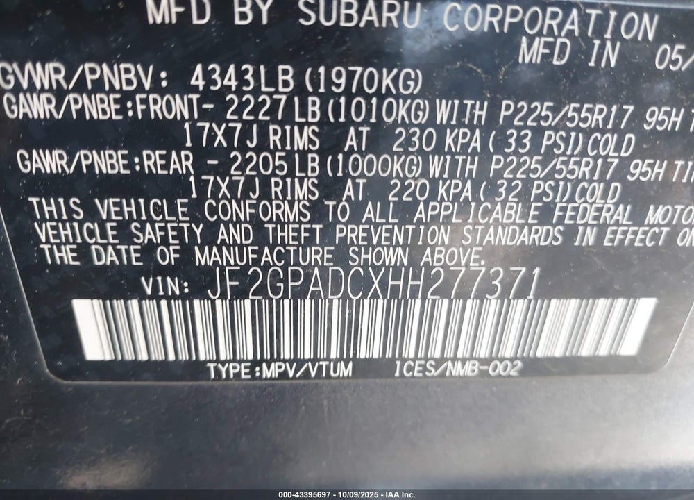 2017 SUBARU CROSSTREK 2.0I PREMIUM VIN: JF2GPADCXHH277371