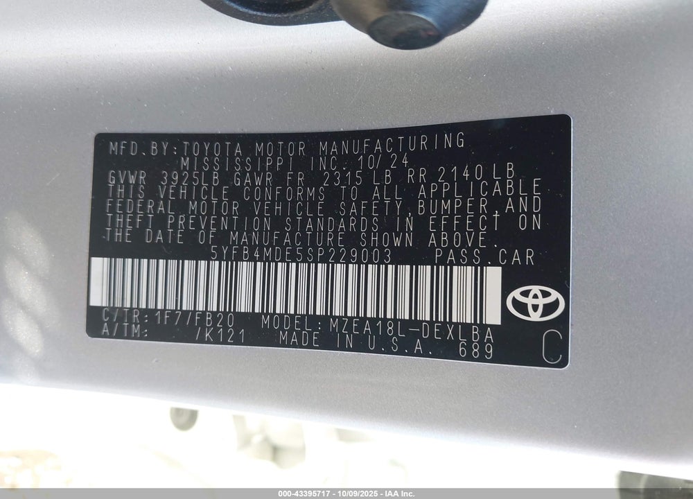 2025 TOYOTA COROLLA VIN: 5YFB4MDE5SP229003