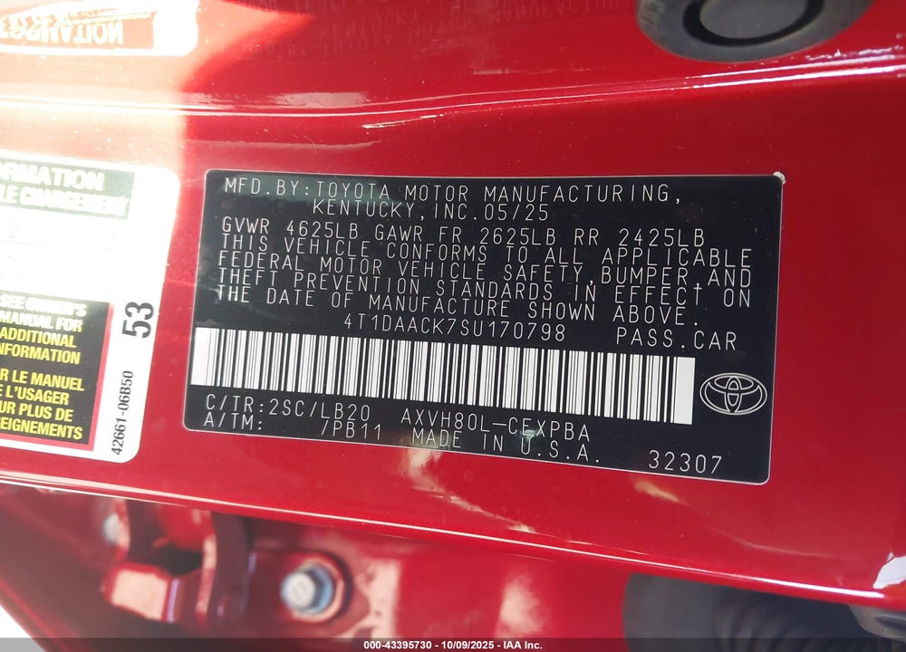 2025 TOYOTA CAMRY XSE VIN: 4T1DAACK7SU170798