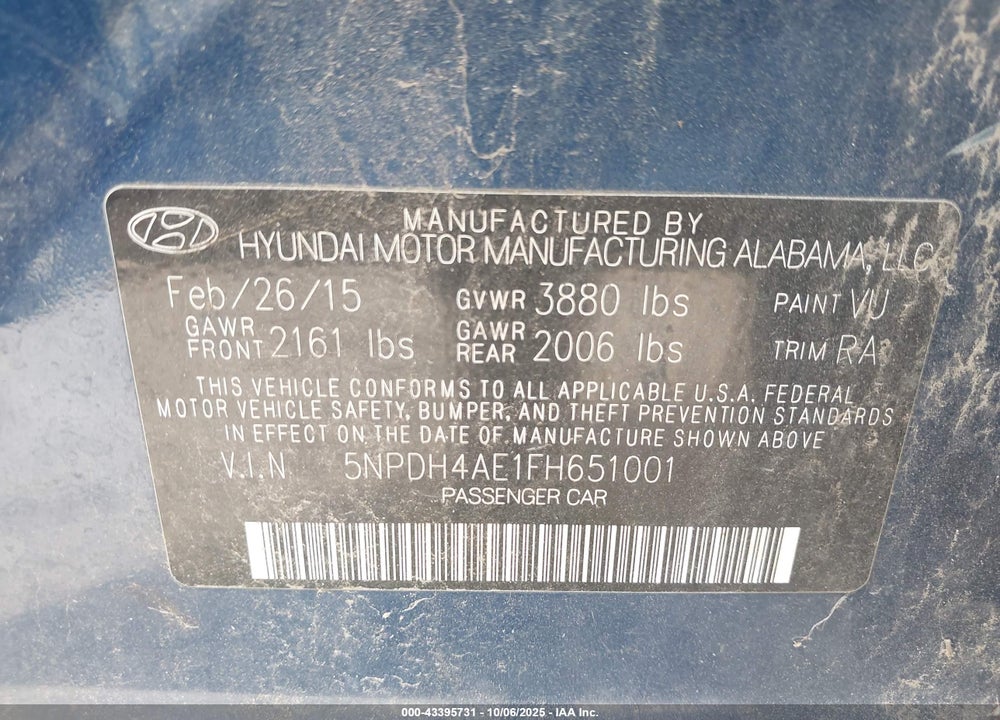 2015 HYUNDAI ELANTRA VIN: 5NPDH4AE1FH651001