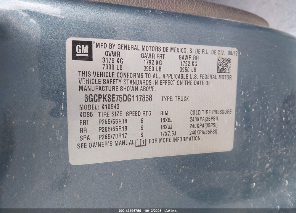 2013 CHEVROLET SILVERADO 1500 VIN: 3GCPKSE75DG117858