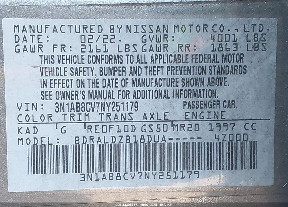 2022 NISSAN SENTRA VIN: 3N1AB8CV7NY251179