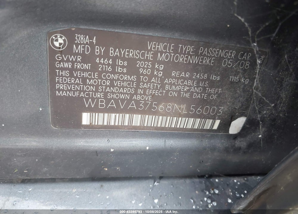 2008 BMW 328I VIN: WBAVA37568NL56003