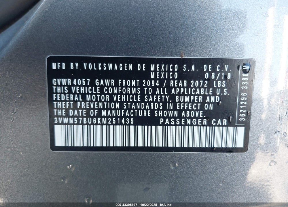 2019 VOLKSWAGEN JETTA S VIN: 3VWN57BU6KM251439