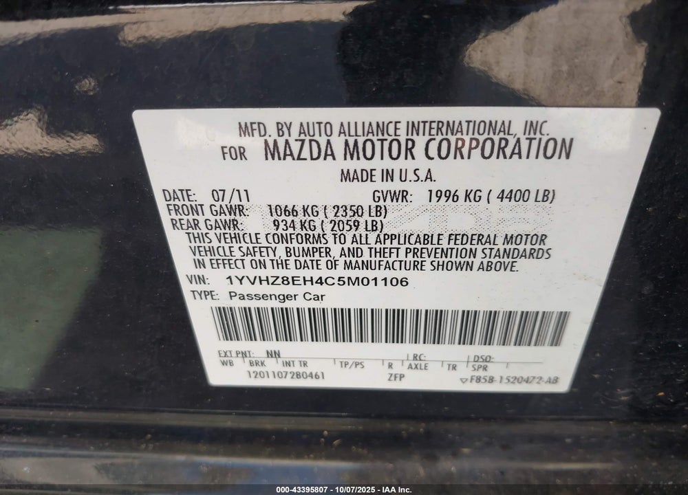 2012 MAZDA 6 I TOURING PLUS VIN: 1YVHZ8EH4C5M01106