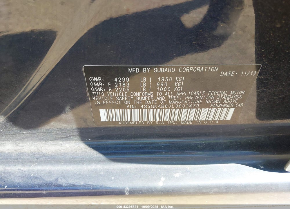 2020 SUBARU IMPREZA SEDAN VIN: 4S3GKAB60L3603470