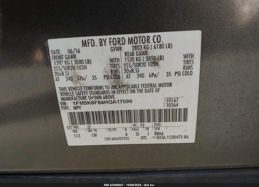 2017 FORD EXPLORER VIN: 1FM5K8F84HGA17099