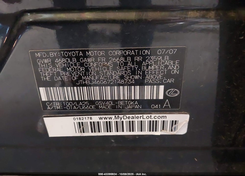 2007 LEXUS ES 350 VIN: JTHBJ46G672148734