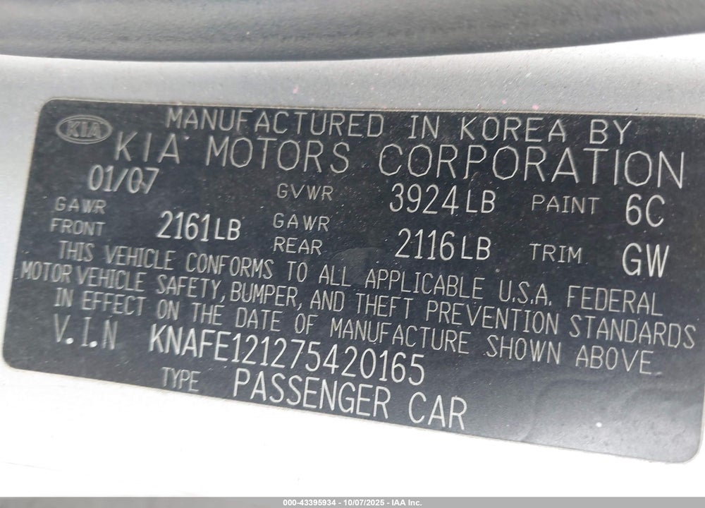 2007 KIA SPECTRA EX VIN: KNAFE121275420165