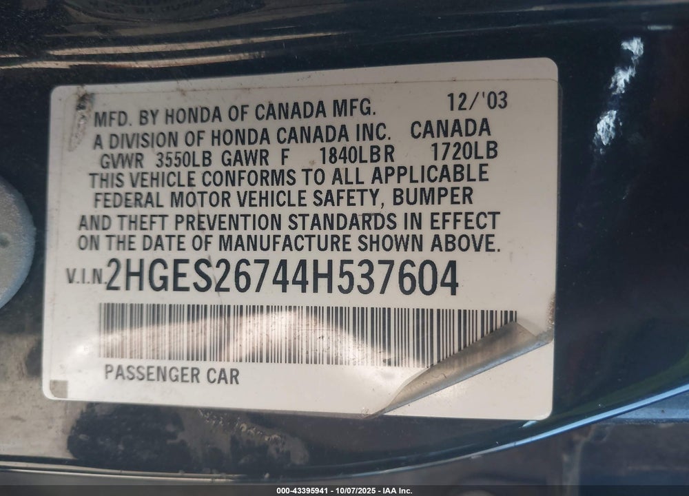 2004 HONDA CIVIC VIN: 2HGES26744H537604