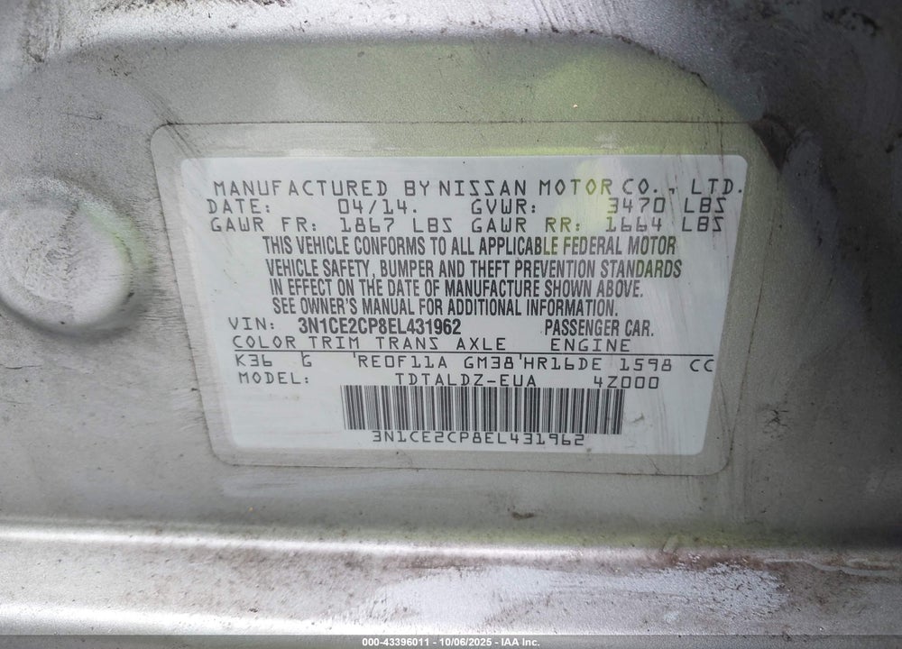 2014 NISSAN VERSA NOTE SV VIN: 3N1CE2CP8EL431962