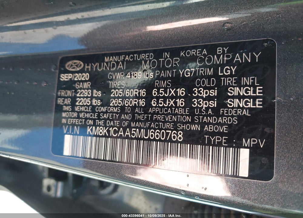2021 HYUNDAI KONA SE VIN: KM8K1CAA5MU660768
