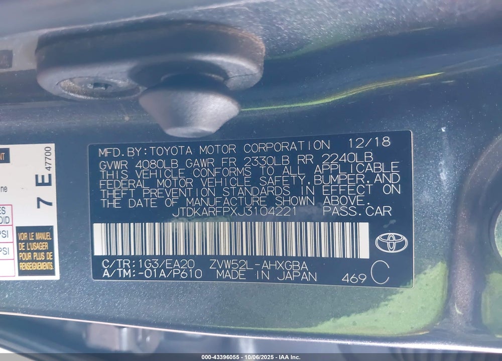 2018 TOYOTA PRIUS PRIME VIN: JTDKARFPXJ3104221
