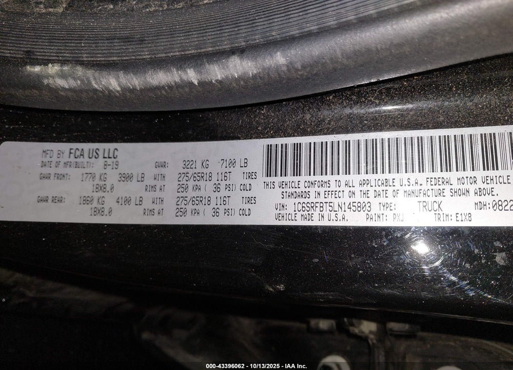2020 HORN RAM 1500 BIG   4X4 6'4 BOX VIN: 1C6SRFBT5LN145803
