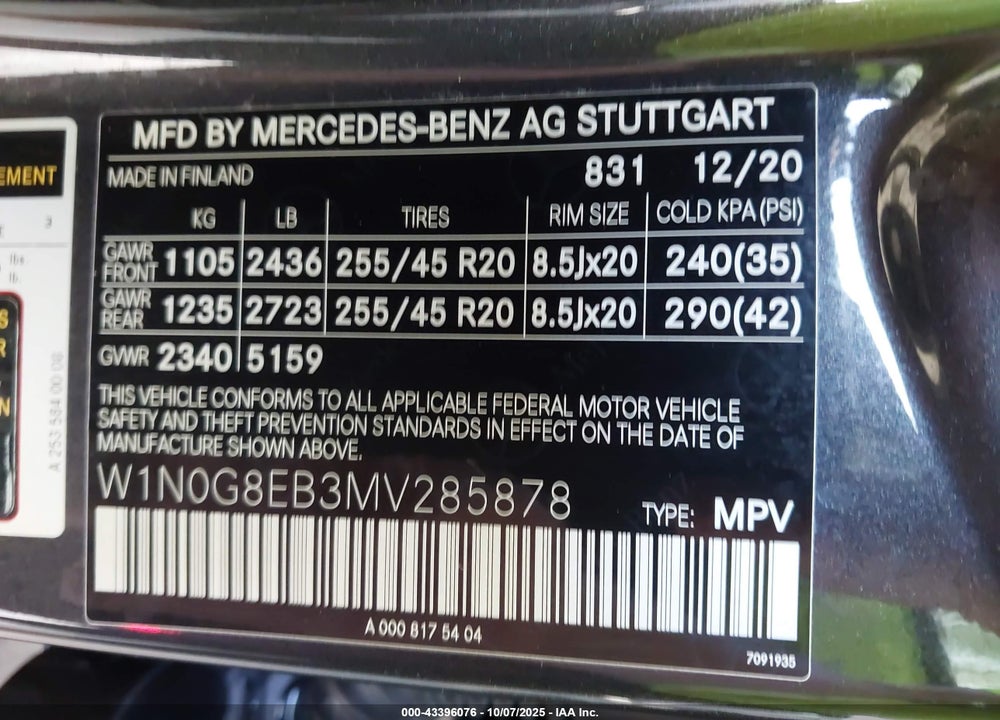 2021 MERCEDES-BENZ GLC CLASS VIN: W1N0G8EB3MV285878