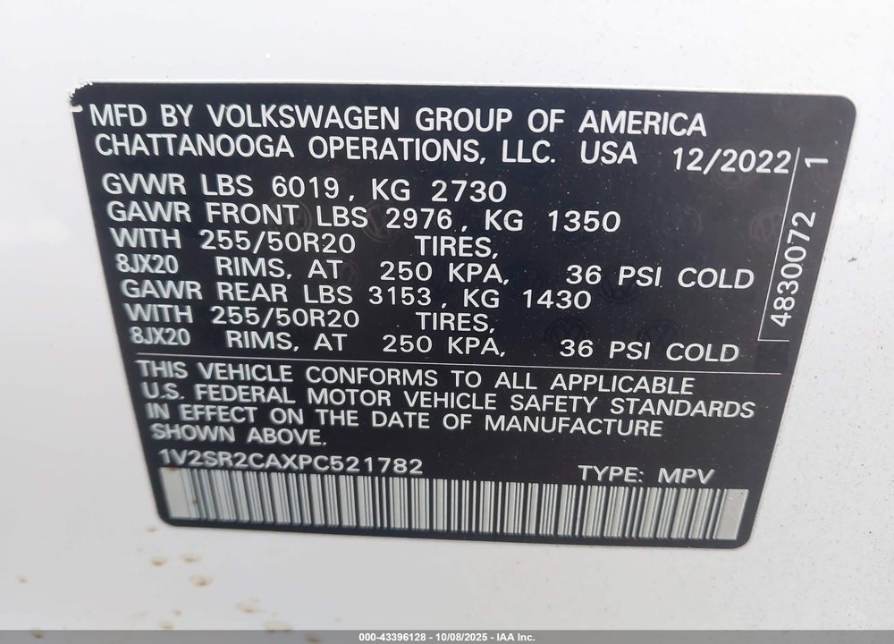 2023 VOLKSWAGEN ATLAS VIN: 1V2SR2CAXPC521782