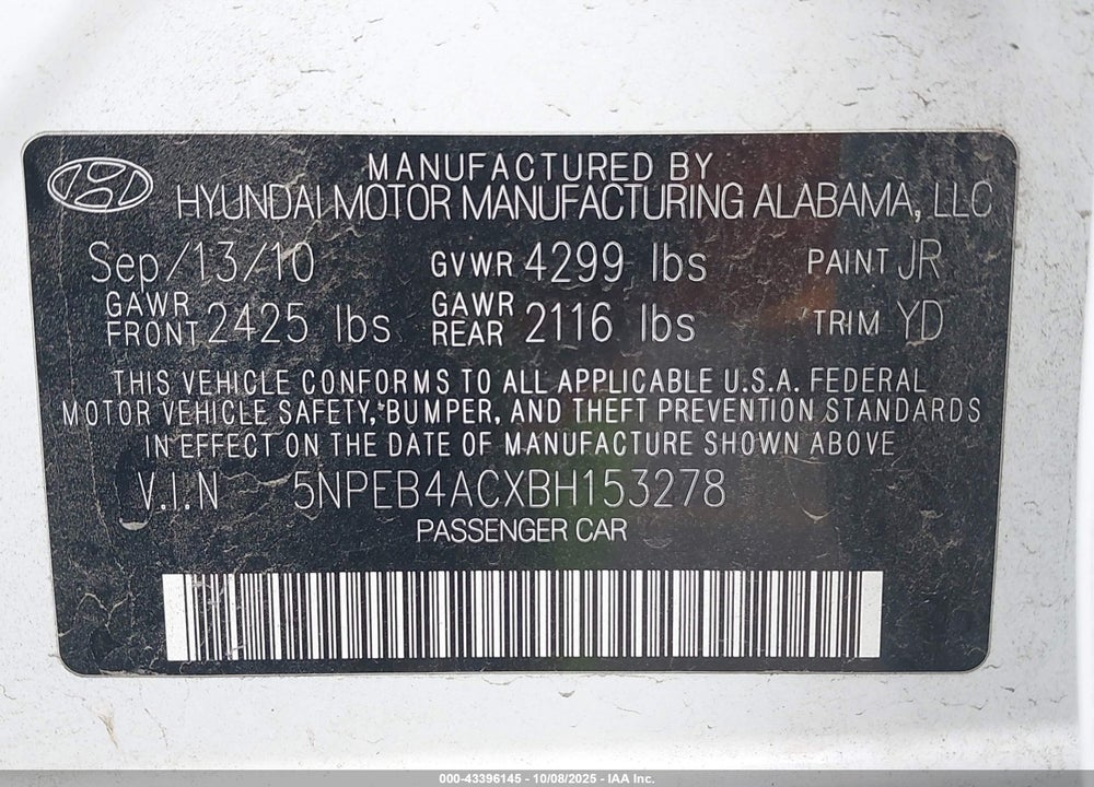 2011 HYUNDAI SONATA GLS VIN: 5NPEB4ACXBH153278