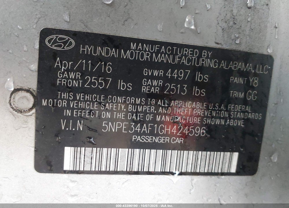 2016 HYUNDAI SONATA SPORT VIN: 5NPE34AF1GH424596