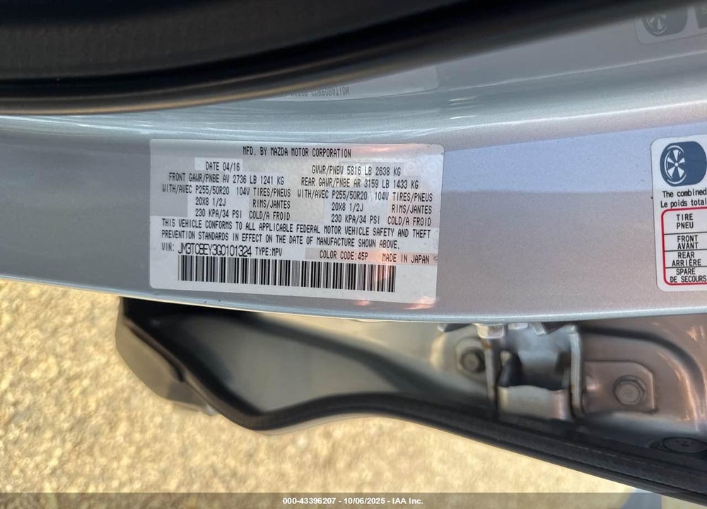 2016 MAZDA CX-9 VIN: JM3TCBEY3G0101324