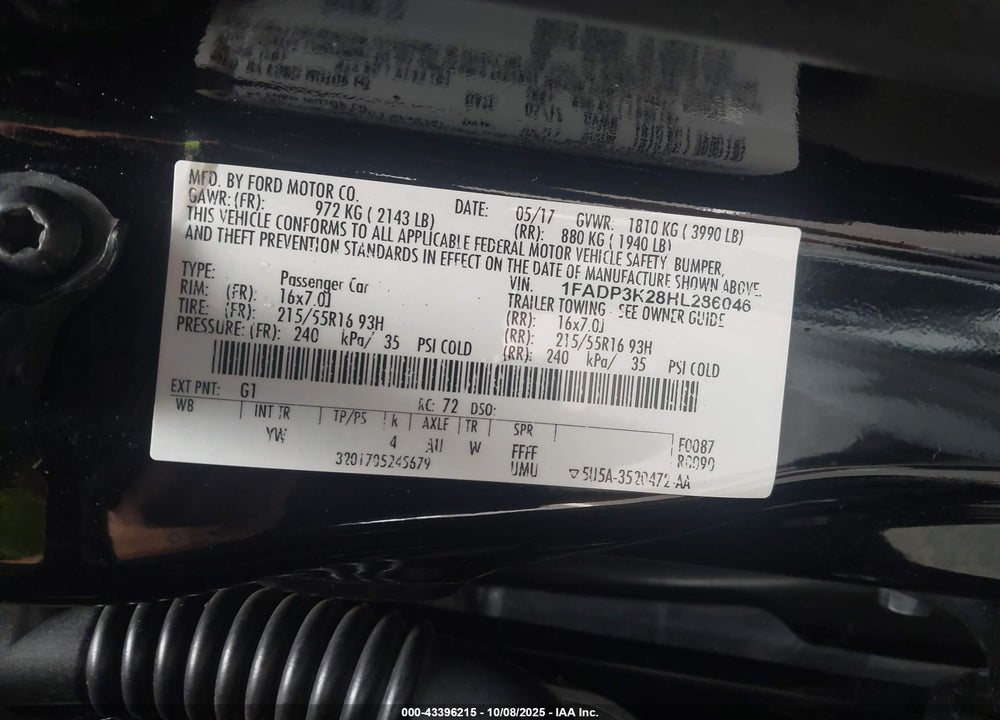 2017 FORD FOCUS VIN: 1FADP3K28HL286046
