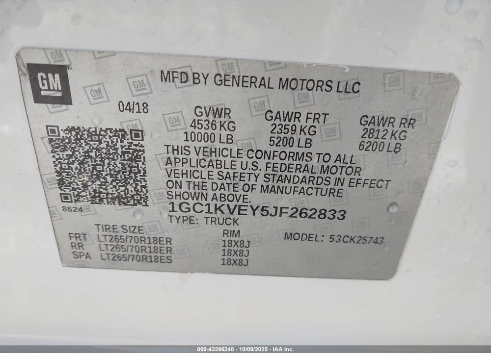 2018 CHEVROLET SILVERADO 2500HD LT VIN: 1GC1KVEY5JF262833