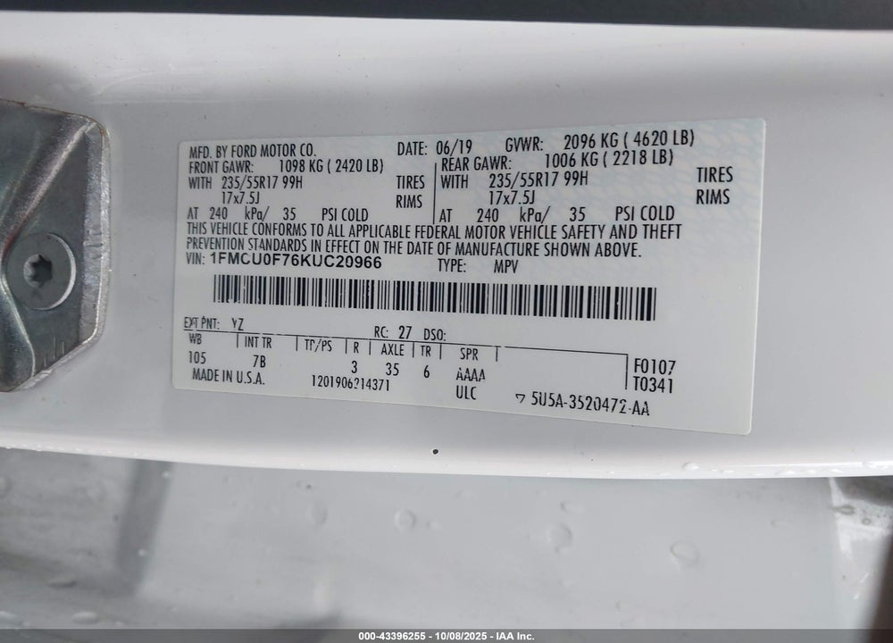 2019 FORD ESCAPE VIN: 1FMCU0F76KUC20966