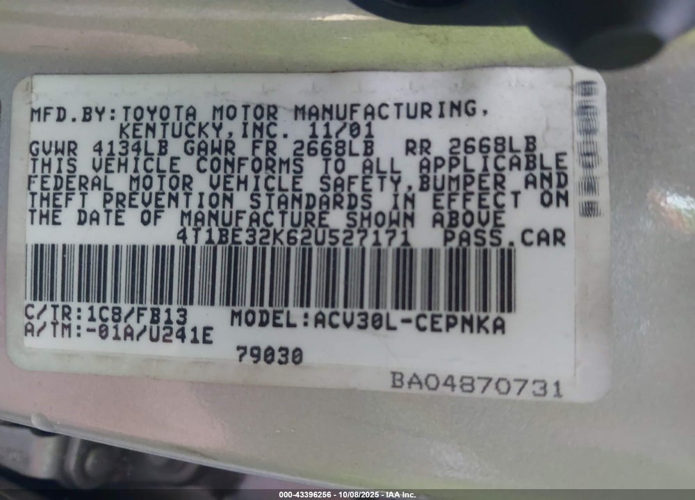 2002 TOYOTA CAMRY LE VIN: 4T1BE32K62U527171