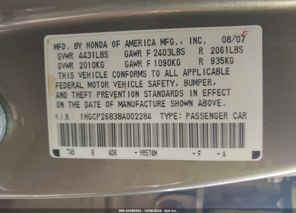 2008 HONDA ACCORD 2.4 EX-L VIN: 1HGCP26838A002284