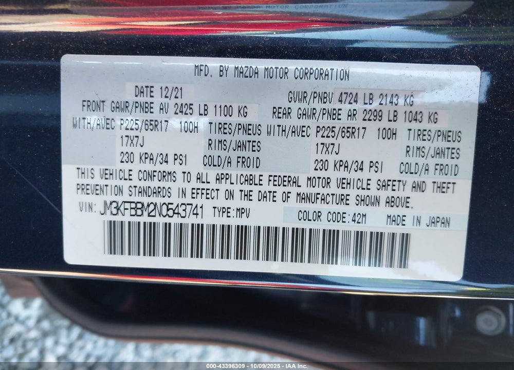 2022 MAZDA CX-5 2.5 S SELECT VIN: JM3KFBBM2N0543741